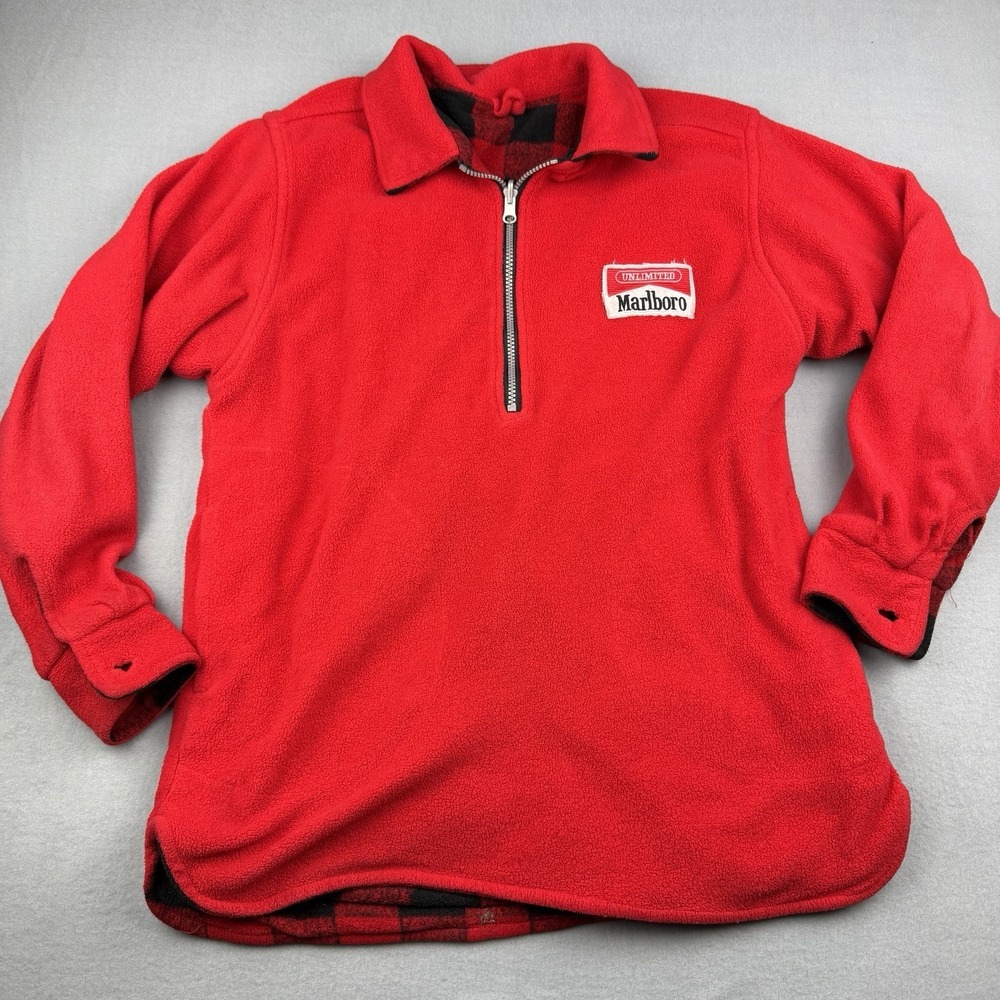 Vintage Marlboro Unlimited Reversible Fleece 1/4 Zip Red Plaid Pullover XL